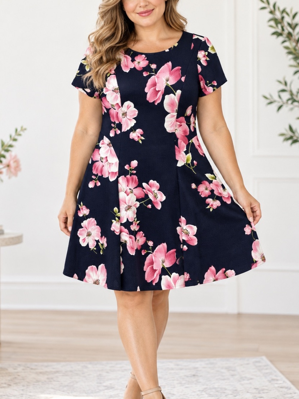 Laura Petites Floral Dress Sz 14 Navy Blue Pink Pretty Wedding Sundress EUC